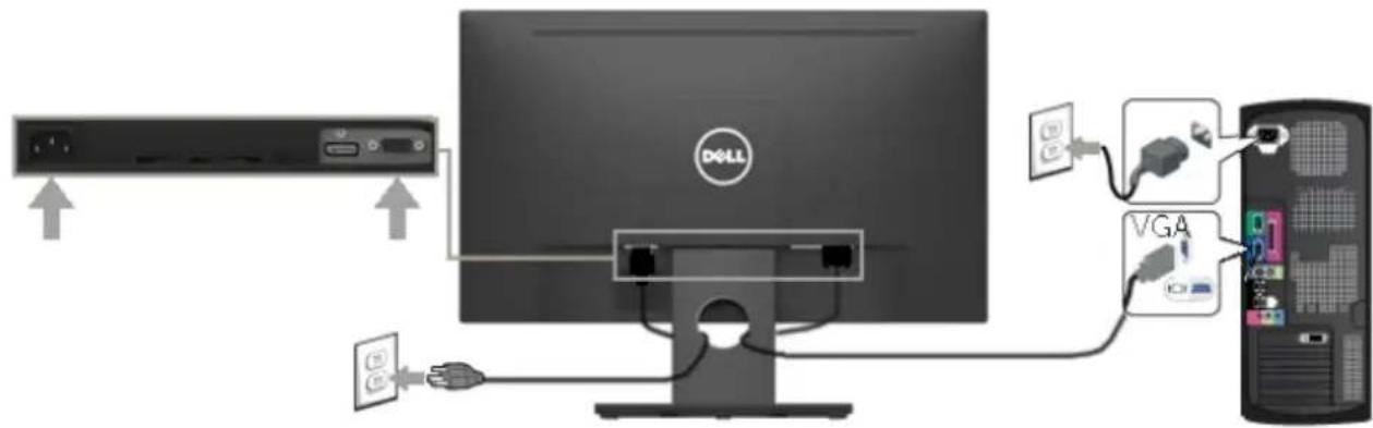 Diagram showing connections between a Dell monitor, VGA cable, and a desktop computer via USB cable to an external device.