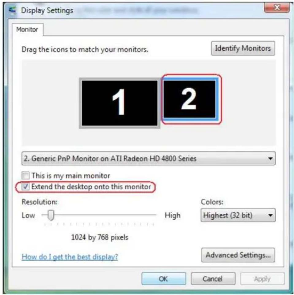 Display Settings Monitor Drag the icons to match your monitors. Identify Monitors 1 2 2. Generic PnP Monitor on ATI Radeon HD 4800 Series This is my main monitor ✓ Extend the desktop onto this monitor Resolution: Low High 1024 by 768 pixels Colors: Highest (32 bit) Advanced Settings... How do I get the best display? OK Cancel Apply