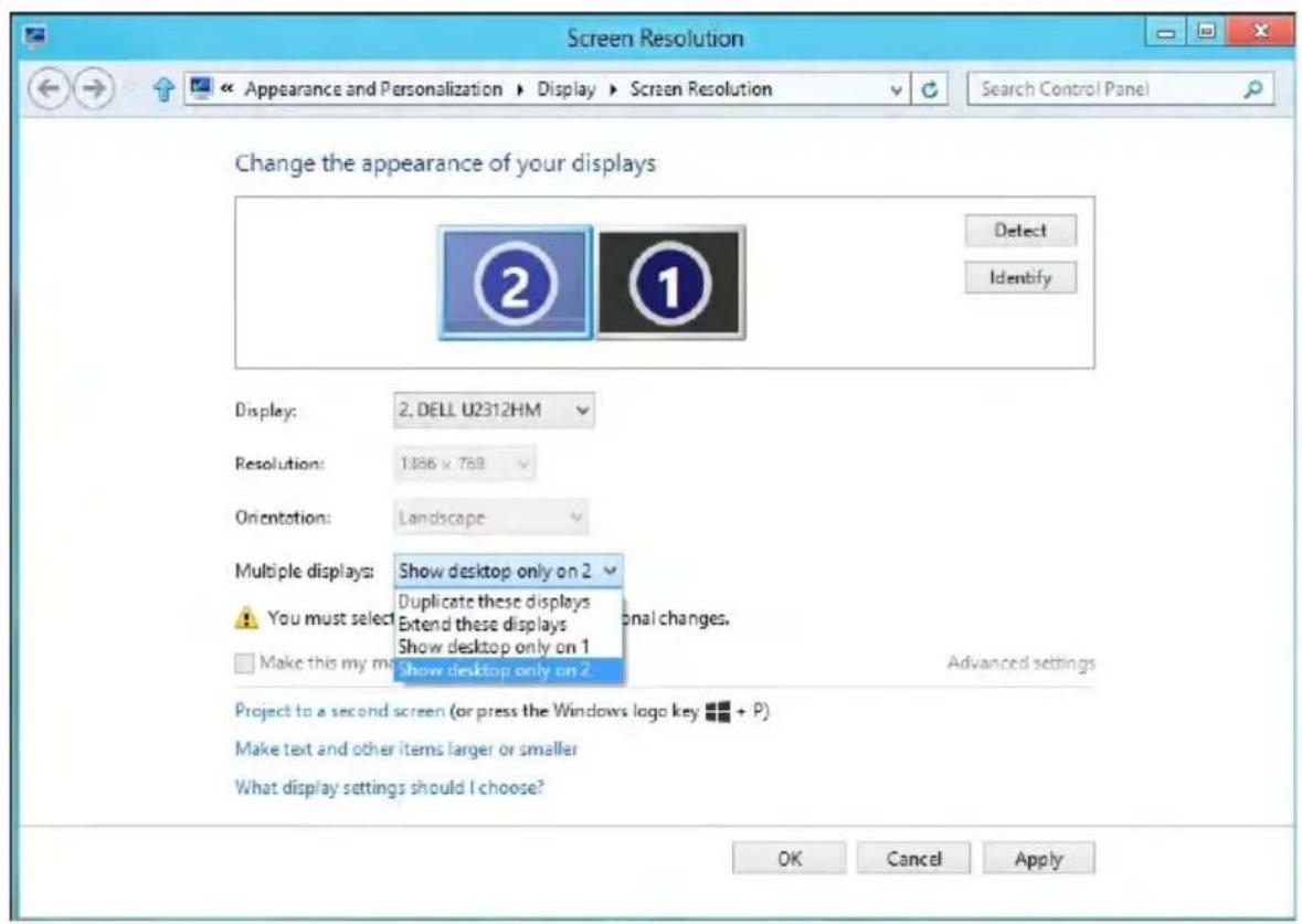 Screen Resolution Appearance and Personalization ▶ Display ▶ Screen Resolution Search Control Panel Change the appearance of your displays Display: 2. DELL U2312HM Resolution: 1.86 x 769 Orientation: Landscape Multiple displays: Show desktop only on 2 You must select: Duplicate these displays Extend these displays Show desktop only on 1 Show desktop only on 2 Make this my m Project to a second screen (or press the Windows logo key + P) Make text and other items larger or smaller What display settings should I choose? OK Cancel Apply Detect Identify