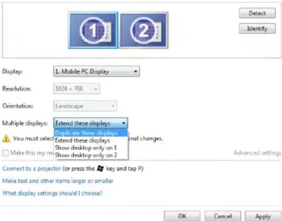 Detect Identify Display: 1. Mobile PC Display Resolution: 1024 × 768 Orientation: Landscape Multiple displays: Extend these displays Duplicate these displays You must select Extend these displays Show desktop only on 1 Show desktop only on 2 Advanced settings Connect to a projector (or press the ▼ key and tap P) Make text and other items larger or smaller What display settings should I choose? OK Cancel Apply
