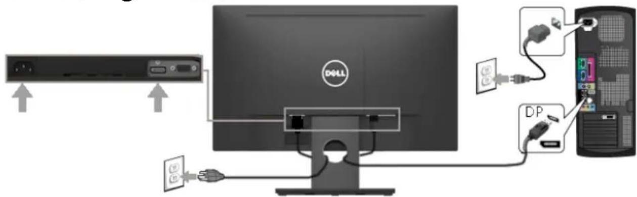 Diagram showing connection between a Dell monitor and a computer tower, with labeled components including USB cable, DP connectors, and power input.