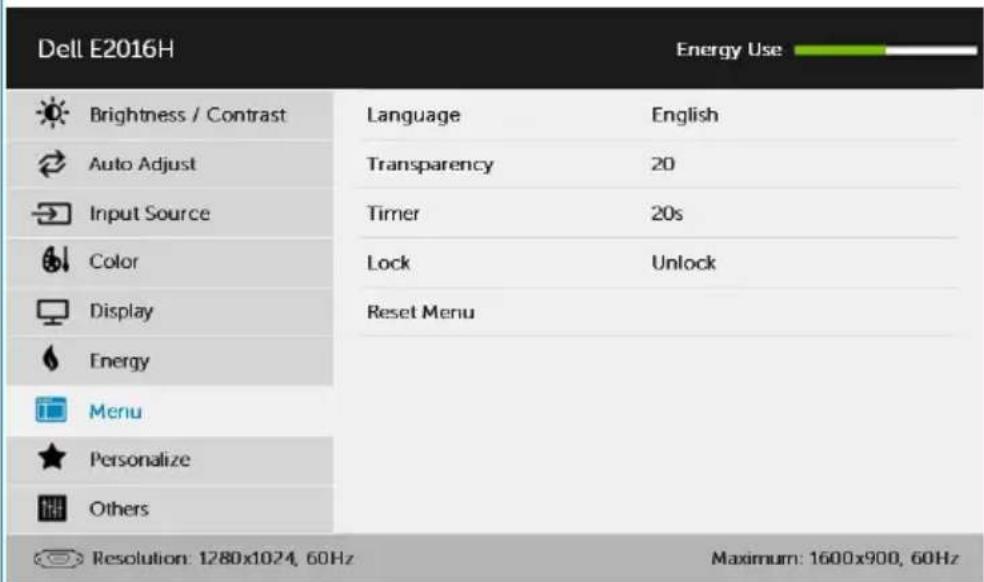 Dell E2016H Energy Use Brightness / Contrast Language English Auto Adjust Transparency 20 Input Source Timer 20s Color Lock Unlock Display Reset Menu Energy Menu Personalize Others Resolution: 1280x1024, 60Hz Maximum: 1600x900, 60Hz