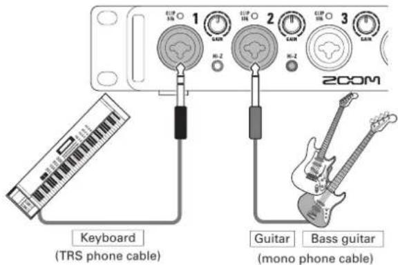 1 2 3 2COM Keyboard (TRS phone cable) Guitar Bass guitar (mono phone cable)