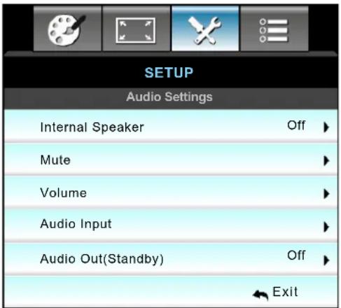 SETUP Audio Settings Internal Speaker Off ▶ Mute ▶ Volume ▶ Audio Input ▶ Audio Out(Standby) Off ▶ ◀ Exit