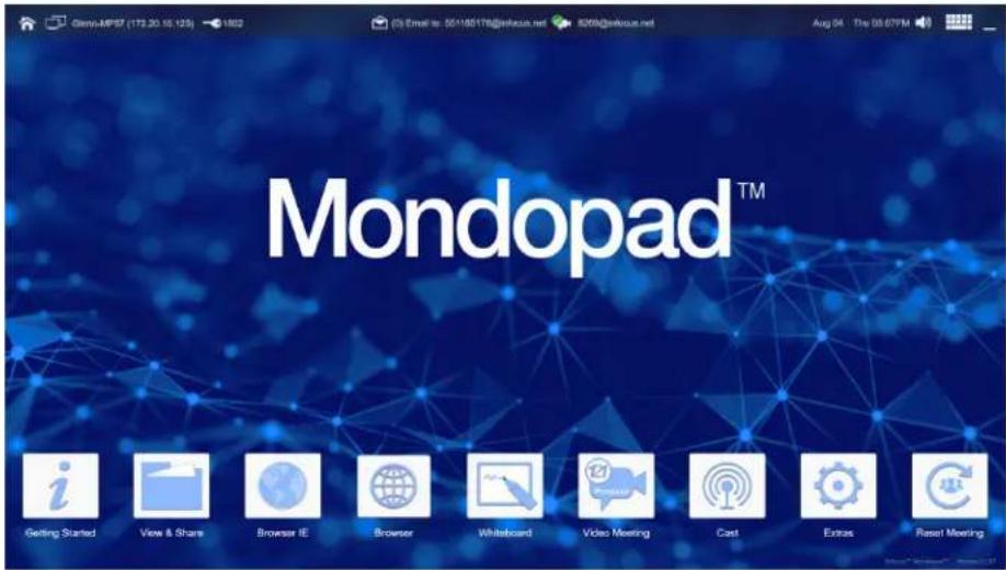 Glo-MPSF (173.20.10.125) 1802 ©i Email: 051180176@jinkou.net 8209@jinkou.net Aug 04 The 08.07PM Mondopad™ Getting Started View & Share Browser IE Browser Whiteboard Video Meeting Cast Extras Reset Meeting
