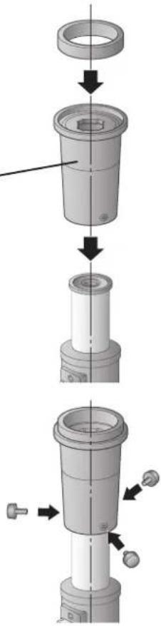 Technical diagram showing a mechanical assembly process with labeled steps and directional arrows indicating motion or assembly.