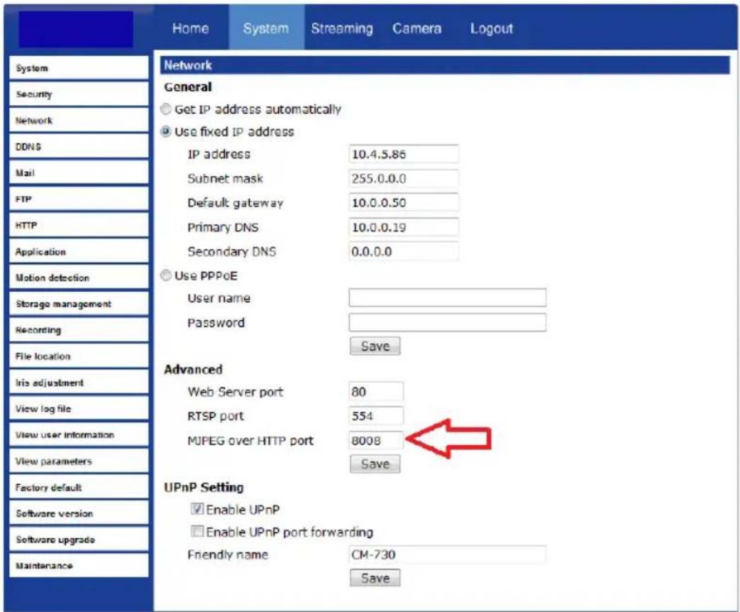Home System Streaming Camera Logout System Security Network DDNS Mail FTP HTTP Application Motion detection Storage management Recording File location Iris adjustment View log file View user information View parameters Factory default Software version Software upgrade Maintenance Network General Get…