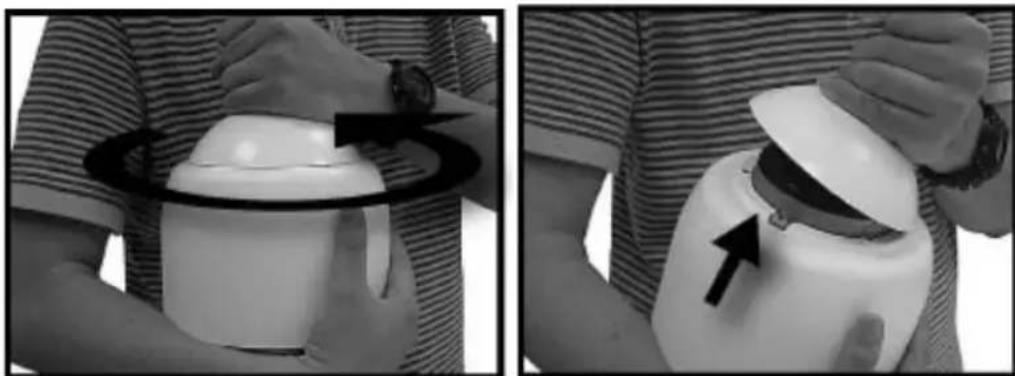 Two black-and-white photos showing a person holding a white container with a circular arrow indicating the process (no text or symbols visible)