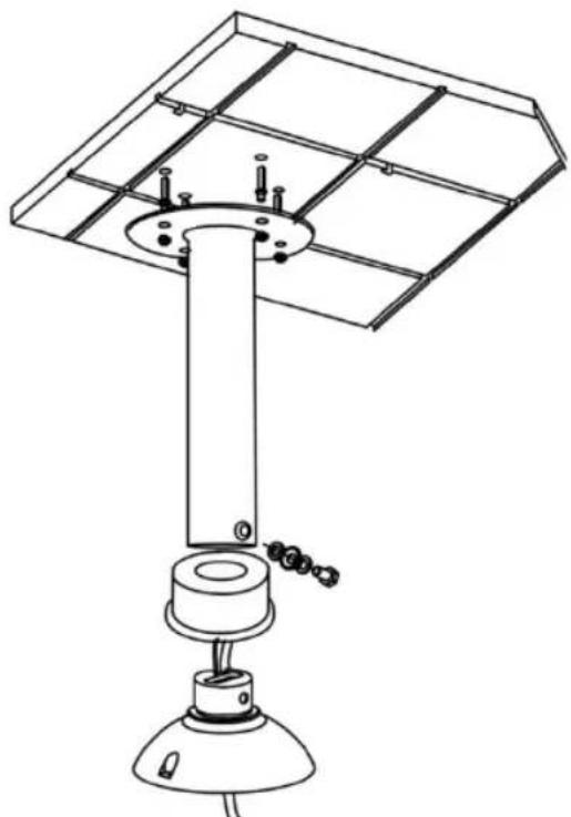 Technical line drawing of a solar panel mounted on a lamp (no text or symbols)