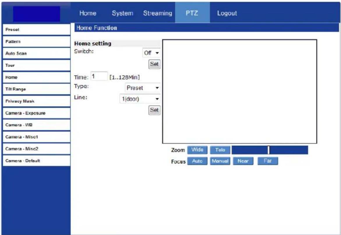 Home System Streaming PTZ Logout Preset Home Function Pattern Auto Scan Tour Home Tilt Range Privacy Mask Camera - Exposure Camera - WB Camera - Misc1 Camera - Misc2 Camera - Default Home setting Switch: Off Set Time: 1 [1..128Min] Type: Preset Line: 1(door) Set Zoom Wide Telo Focus Auto Manual Near…