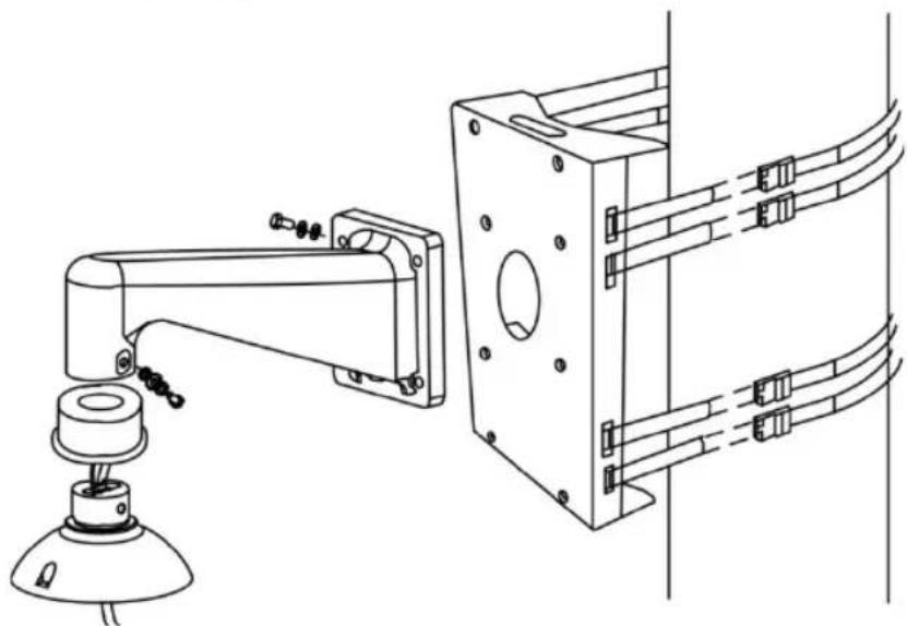 Technical line drawing of a mechanical assembly with a mounted arm and a housing (no text or symbols)