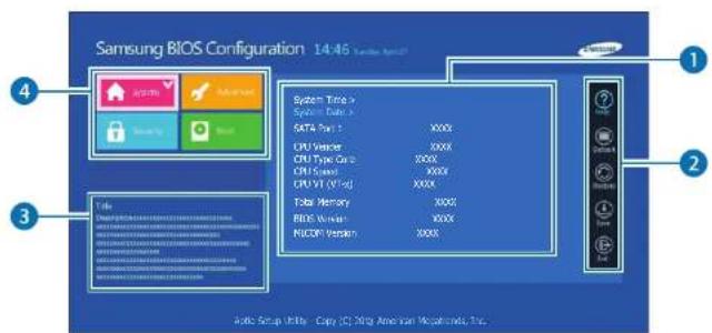 Samsung BIOS Configuration 14:46 Audio Setup System Time > System Data > SATA Part 1 XXXX CPU Provider XXXX CPU Type Card XXXX CPU Speed XXXX CPU ViT Control XXXX Total Memory XXXX BIOS Version XXXX PICOM Version XXXX Audio Setup Units Copy (C) 200x American Micromedia, Inc.
