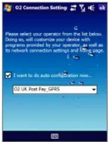 O2 Connection Setting Please select your operator from the list below. Doing so, will customize your device with programs provided by your operator, as well as its network connection settings and home page. I want to do auto configuration now... O2 UK Post Pay_GPRS
