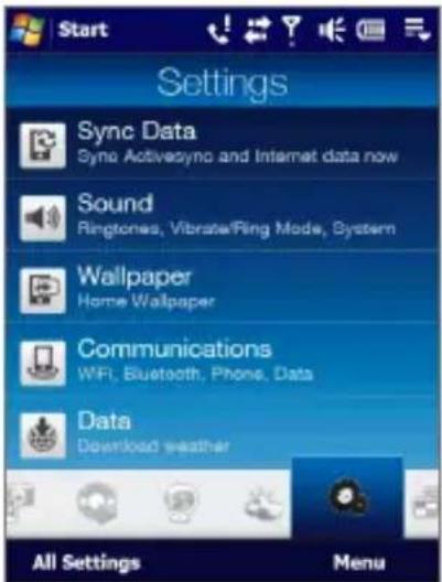 Settings Sync Data Sync ActiveSync and Internet data now Sound Ringtones, Vibrate/Fing Mode, System Wallpaper Home Wallpaper Communications WiFi, Bluetooth, Phone, Data Data Download weather All Settings Menu