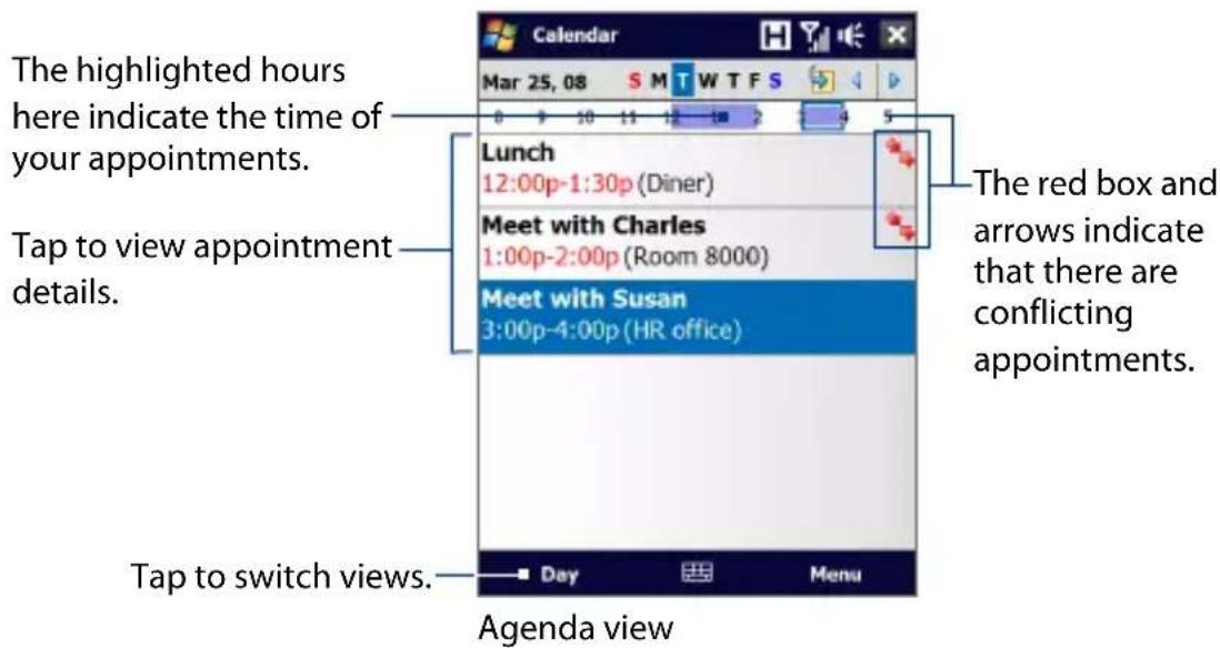 The highlighted hours here indicate the time of your appointments. Tap to view appointment details. Lunch 12:00p-1:30p (Diner) Meet with Charles 1:00p-2:00p (Room 8000) Meet with Susan 3:00p-4:00p (HR office) Tap to switch views. Day Menu Agenda view The red box and arrows indicate that there are conflicting appointments.