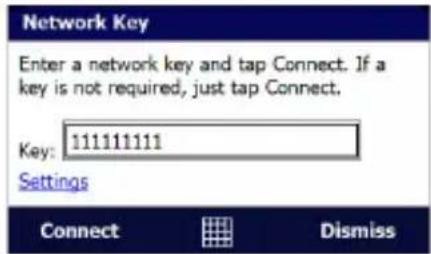 Network Key Enter a network key and tap Connect. If a key is not required, just tap Connect. Key: 111111111 Settings Connect Dismiss