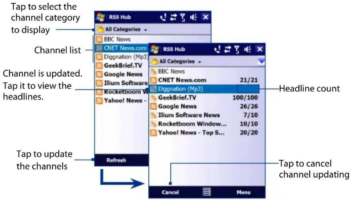 Tap to select the channel category to display Channel list Channel is updated. Tap it to view the headlines. Tap to update the channels Refresh RSS Hub All Categories BBC News CNET News.com Diggnation (Mp3) GeekBrief.TV Google News Ilium Software Rocketboom W Yahoo! News - RSS Hub All Categories BBC News CNET News.com 21/21 Diggnation (Mp3) GeekBrief.TV 100/100 Google News 26/26 Ilium Software News 7/10 Rocketboom Window... 10/10 Yahoo! News - Top S... 20/20 Headline count Tap to cancel channel updating Cancel Menu