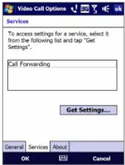 Video Call Options Services To access settings for a service, select it from the following list and tap "Get Settings". Call Forwarding Get Settings... General Services About OK Cancel