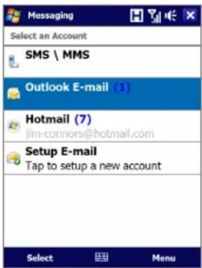 Messaging Select an Account SMS \ MMS Outlook E-mail (1) Hotmail (7) Jim-connors@hotmail.com Setup E-mail Tap to setup a new account Select Menu