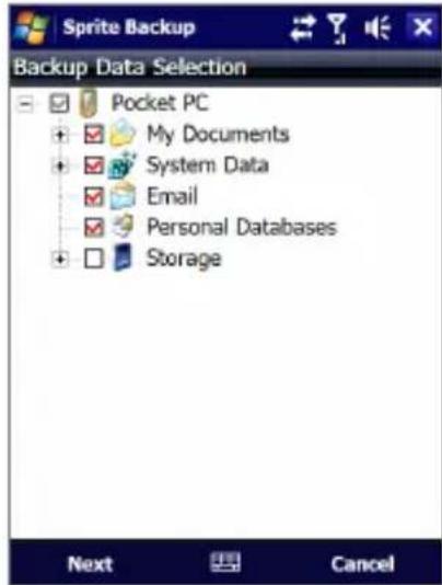 Sprite Backup Backup Data Selection Pocket PC My Documents System Data Email Personal Databases Storage Next Cancel
