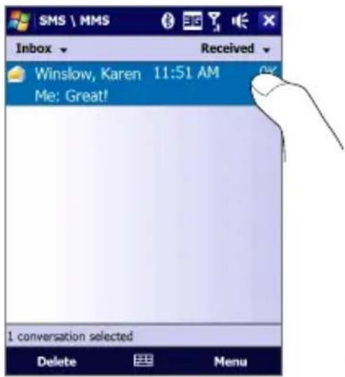 SMS \ MMS Inbox Received Winslow, Karen 11:51 AM Me: Great! 1 conversation selected Delete Menu