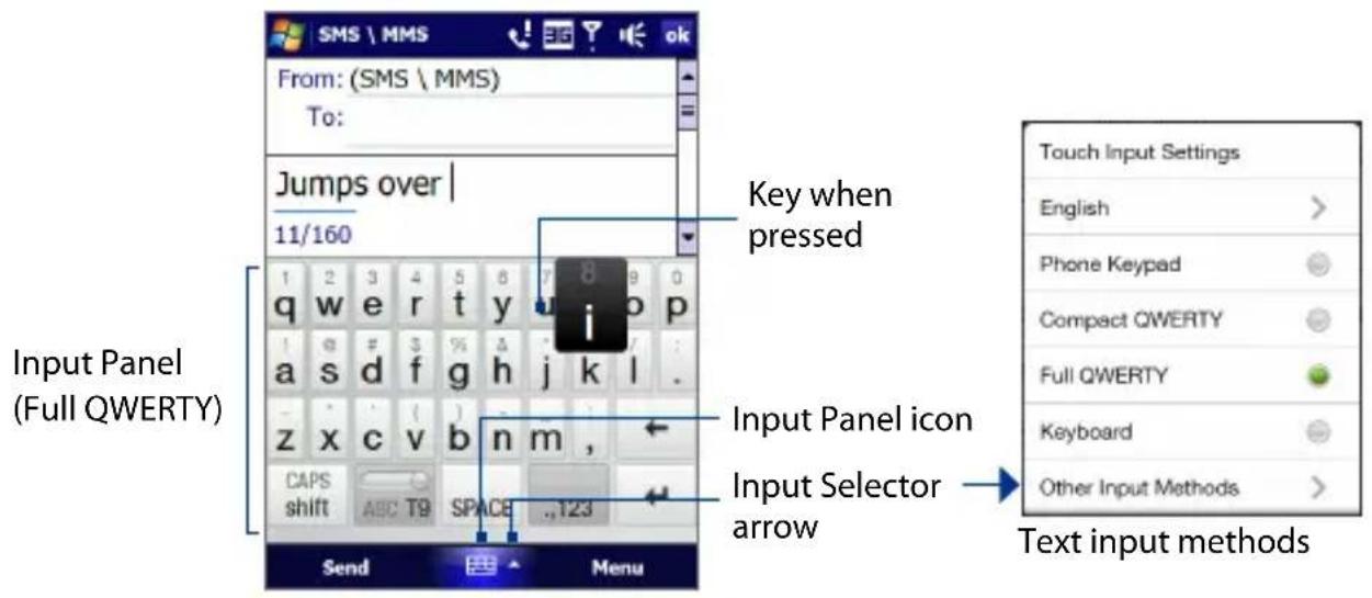 SMS \ MMS From: (SMS \ MMS) To: Jumps over | 11/160 Key when pressed Input Panel (Full QWERTY) Input Panel icon Input Selector arrow Text input methods Touch Input Settings English > Phone Keypad Compact QWERTY Full QWERTY Keyboard Other Input Methods >
