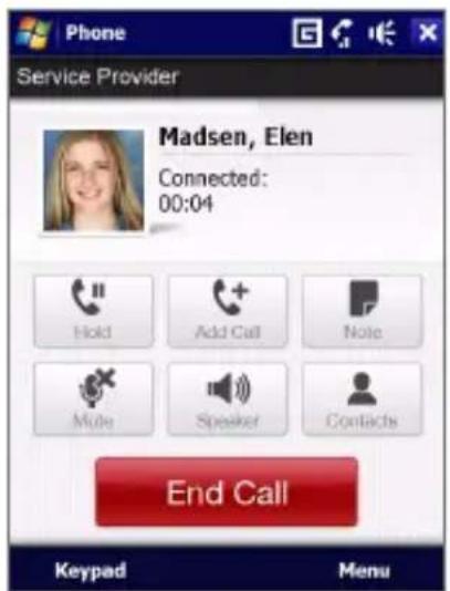 Phone Service Provider Madsen, Elen Connected: 00:04 Hold Add Call Note Mute Speaker Contacts End Call Keypad Menu