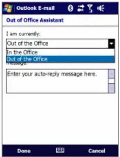Outlook E-mail Out of Office Assistant I am currently: Out of the Office In the Office Out of the Office Message: Enter your auto-reply message here. Done Cancel