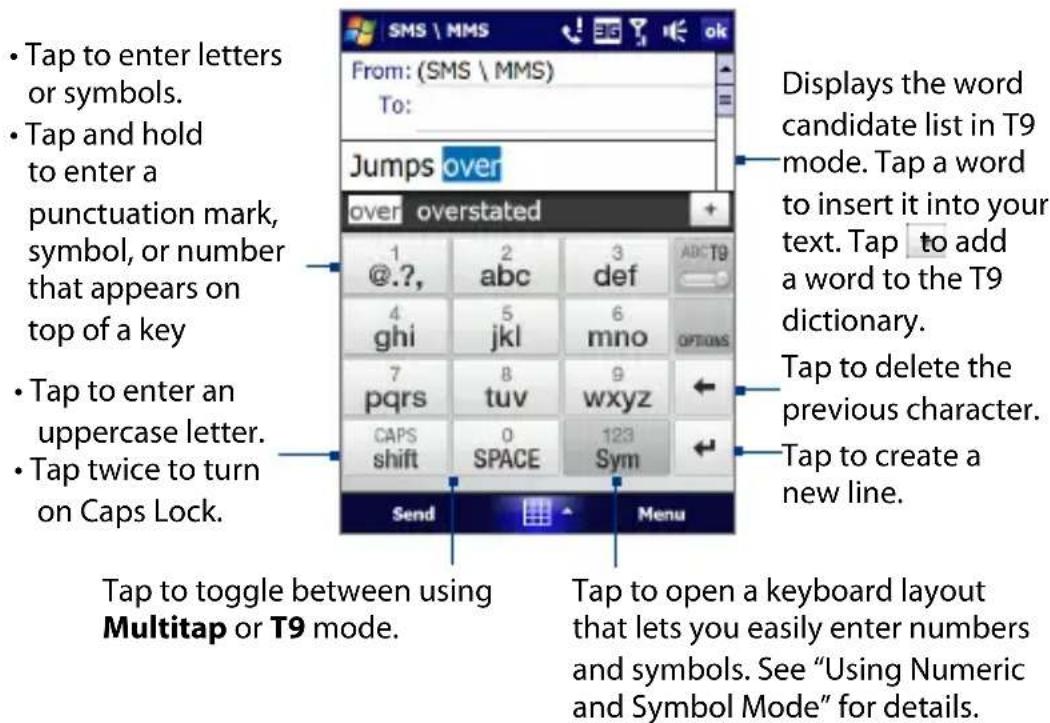 • Tap to enter letters or symbols. • Tap and hold to enter a punctuation mark, symbol, or number that appears on top of a key • Tap to enter an uppercase letter. • Tap twice to turn on Caps Lock. Tap to toggle between using Multitap or T9 mode. Displays the word candidate list in T9 mode. Tap a word to insert it into your text. Tap to add a word to the T9 dictionary. Tap to delete the previous character. Tap to create a new line. Tap to open a keyboard layout that lets you easily enter numbers and symbols. See "Using Numeric and Symbol Mode" for details.