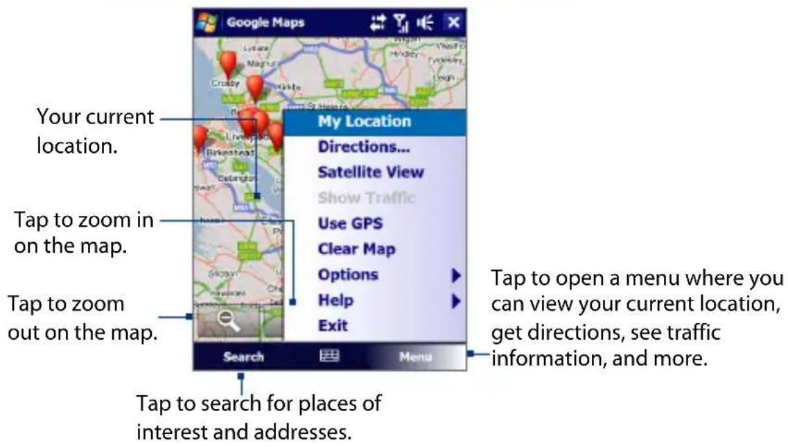 Your current location. Tap to zoom in on the map. Tap to zoom out on the map. My Location Directions... Satellite View Show Traffic Use GPS Clear Map Options Help Exit Search Menu Tap to search for places of interest and addresses. Tap to open a menu where you can view your current location, get directions, see traffic information, and more.