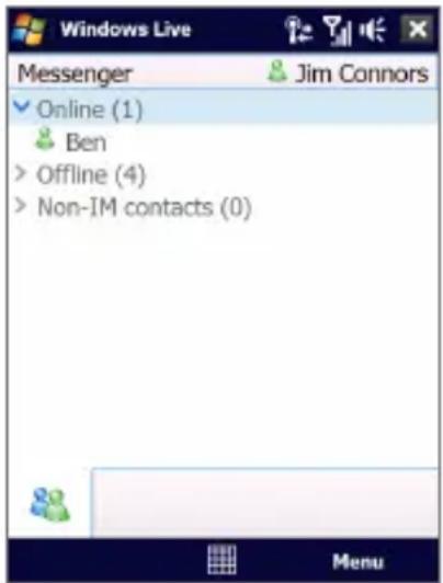 Windows Live Messenger Jim Connors Online (1) Ben > Offline (4) > Non-IM contacts (0) Menu