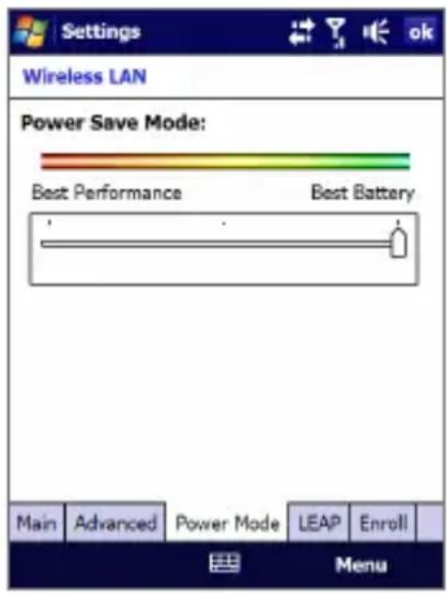 Settings Wireless LAN Power Save Mode: Best Performance Best Battery Main Advanced Power Mode LEAP Enroll Menu
