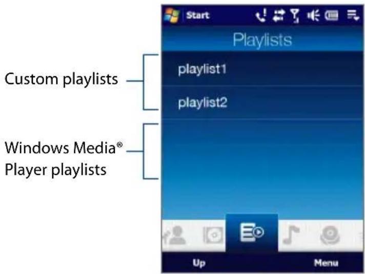 Start Playlists custom playlists playlist1 playlist2 Windows Media® Player playlists Up Menu