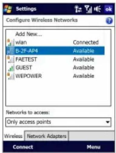 Settings Configure Wireless Networks Add New... wlan Connected B-2F-AP4 Available FAETEST Available GUEST Available WEPOWER Available Networks to access: Only access points Wireless Network Adapters Connect Menu