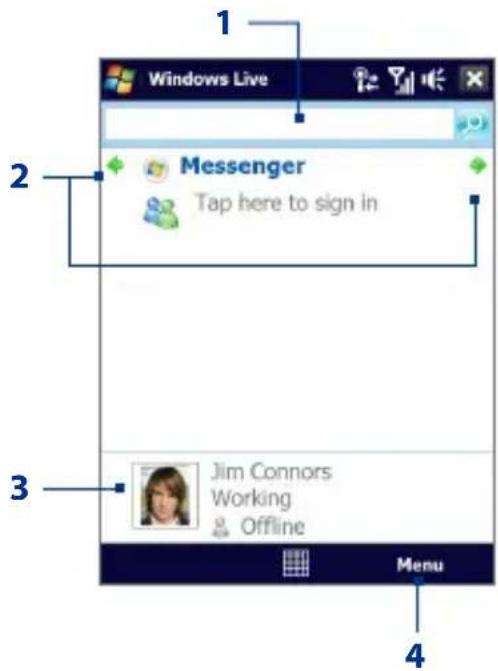 Windows Live 1 Messenger Tap here to sign in 2 3 Jim Connors Working Offline Menu 4