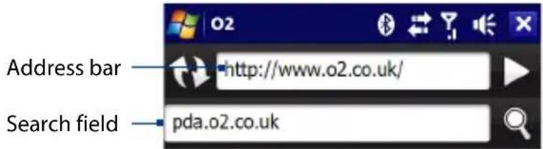 Address bar http://www.o2.co.uk/ Search field pda.o2.co.uk