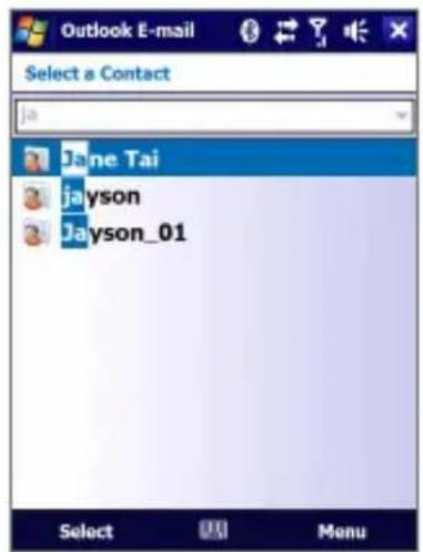Outlook E-mail Select a Contact ja Jane Tai jayson Jayson_01 Select Menu