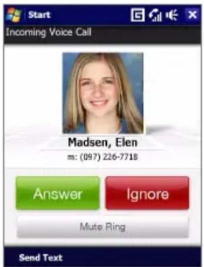 Start Incoming Voice Call Madsen, Elen m: (097) 226-7718 Answer Ignore Mute Ring Send Text