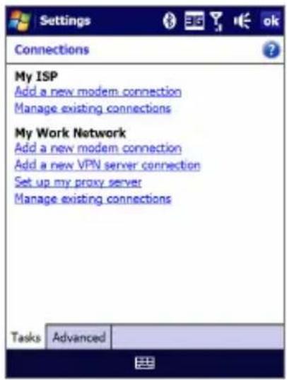 Settings Connections My ISP Add a new modem connection Manage existing connections My Work Network Add a new modem connection Add a new VPN server connection Set up my proxy server Manage existing connections Tasks Advanced