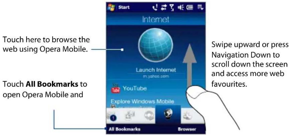 Start Internet Touch here to browse the web using Opera Mobile. Launch Internet m.yahoo.com YouTube Explore Windows Mobile All Bookmarks Browser Swipe upward or press Navigation Down to scroll down the screen and access more web favourites.