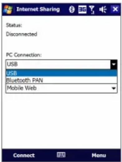 Internet Sharing Status: Disconnected PC Connection: USB USB Bluetooth PAN Mobile Web Connect Menu