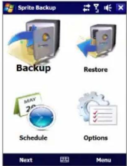 Sprite Backup Backup Restore MAY 20 Schedule Options Next Menu