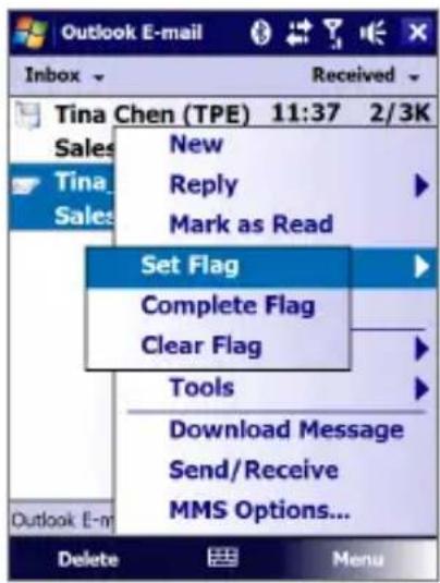 Outlook E-mail Inbox Received Tina Chen (TPE) 11:37 2/3K Sales New Reply Mark as Read Set Flag Complete Flag Clear Flag Tools Download Message Send/Receive MMS Options... Outlook E-mail Delete Menu