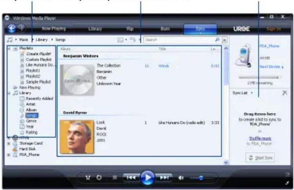 Windows Media Player Now Playing Library Rip Bum Sync URGE Sign To Music Library Songs Search Playlists Create Playlist Customs Playlist Like Humans Do... Playlots1 Playlots2 Sample Playlist New Playing Library Recently Added Artist Album Songs Genre Year Rating Poys Storage Card Hard Disk PDA_Phone Album Title Lia... Benjamin Windsor The Collection 15 Winds 0:43 Benjamin Other Unknown Year David Byrne Look 1 Like Humans Do (radio edit) 3:33 David ROO: 2001 Drag Rooms here to create a pilot to sync to PDA_Phone' or Shuffle.muck to PDA_Phone' Start Sync