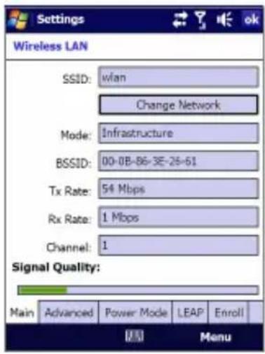 Settings Wireless LAN SSID: wlan Change Network Mode: Infrastructure BSSID: 00-08-86-3E-26-61 Tx Rate: 54 Mbps Rx Rate: 1 Mbps Channel: 1 Signal Quality: Main Advanced Power Mode LEAP Enroll Menu