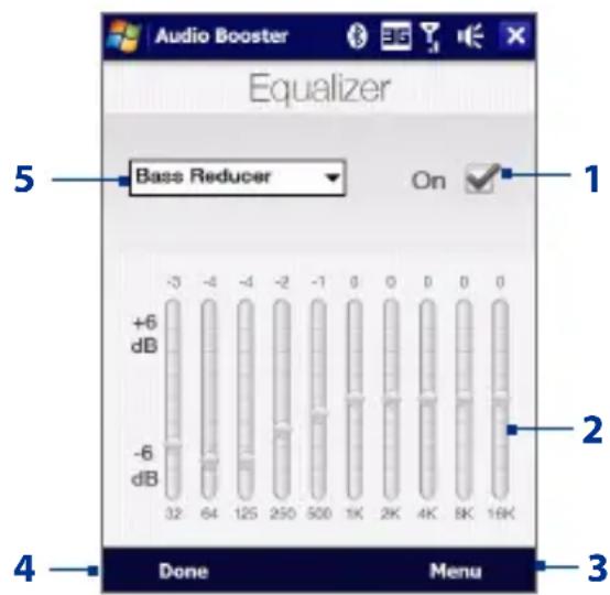 Audio Booster Equalizer 5 Bass Reducer On 1 +6 dB -6 dB 32 64 125 250 500 1K 2K 4K 8K 16K Done Menu 2 3 4