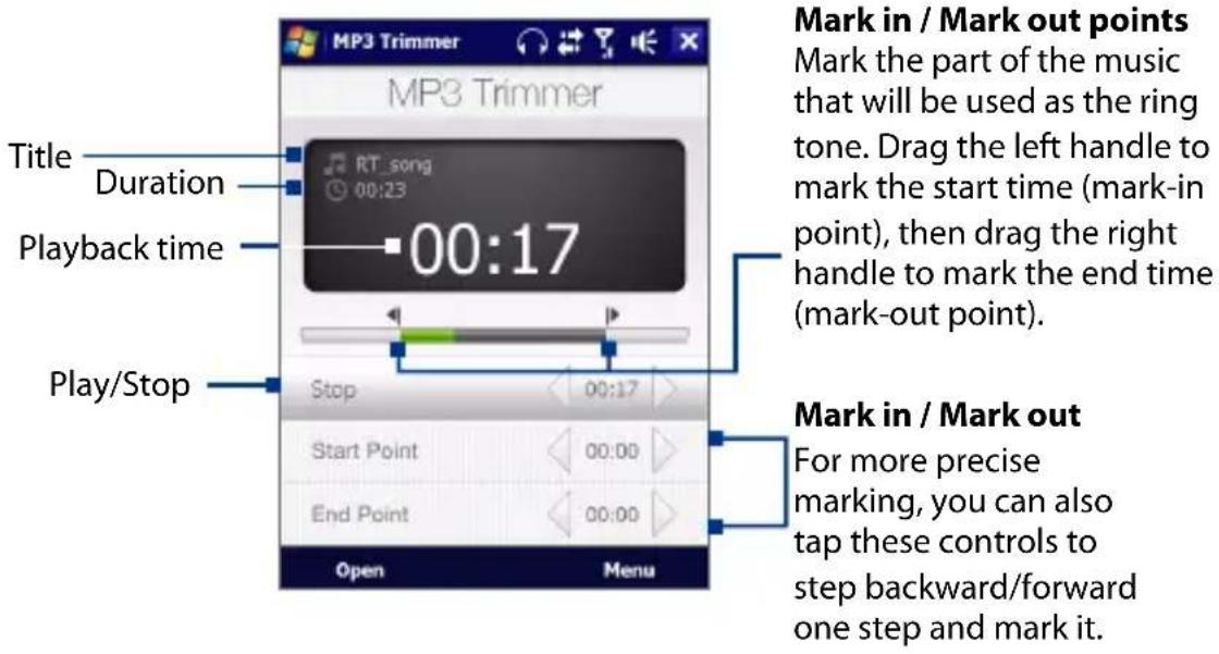 MP3 Trimmer MP3 Trimmer Title Duration Playback time Play/Stop 00:17 Stop 00:17 Start Point 00:00 End Point 00:00 Open Menu Mark in / Mark out points Mark the part of the music that will be used as the ring tone. Drag the left handle to mark the start time (mark-in point), then drag the right handle to mark the end time (mark-out point). Mark in / Mark out For more precise marking, you can also tap these controls to step backward/forward one step and mark it.