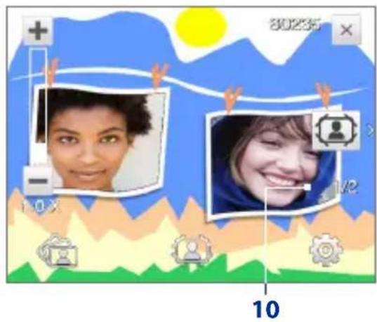 Screenshot of a photo editing interface with two portrait photos and UI elements, showing time and frame controls.