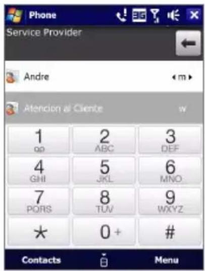 Phone Service Provider Andre m Atencion al Cliente 1 pp 2 ABC 3 DEF 4 GHI 5 JKL 6 MNO 7 PORS 8 TUV 9 WXYZ * 0 + # Contacts Menu