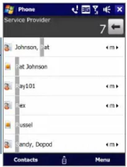 Phone Service Provider 7 Johnson, Pat m Pat Johnson Ray101 m Rex m Russel Sandy, Dopod m Contacts Menu